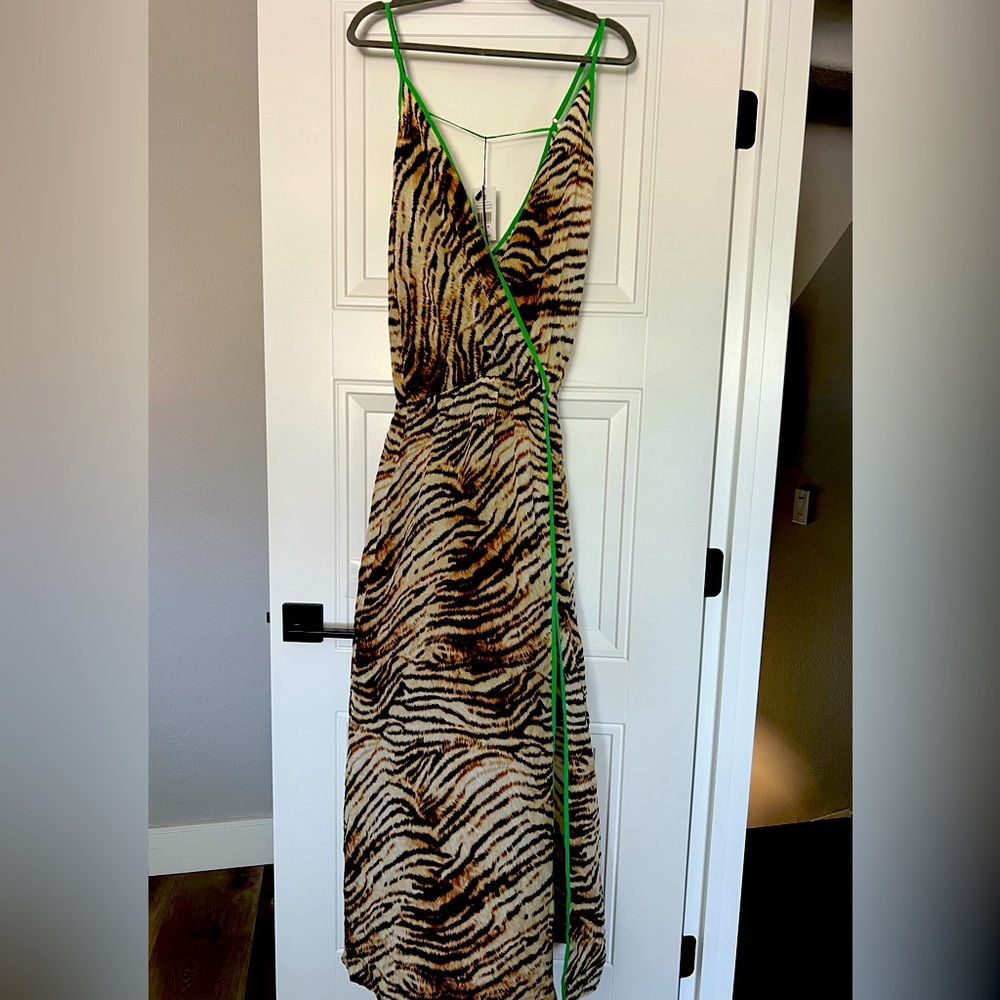 Silk Cover-Up Tiger Print with Green Trim detail and side slit. Size M
